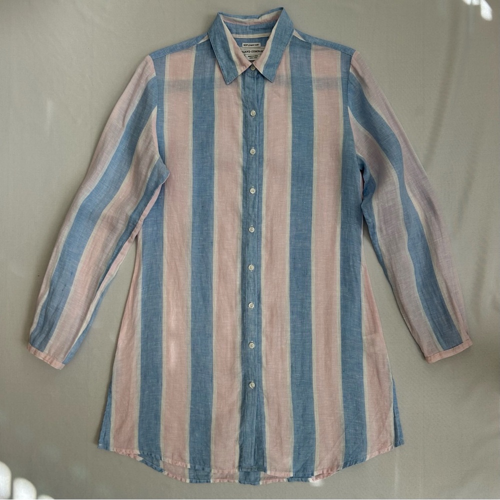 Island Company 100% Linen Striped Gentleman Shirt Dress Light Blue & Pink Small